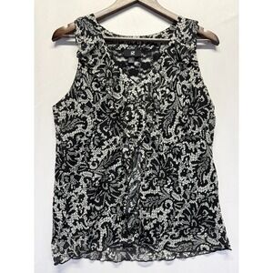 Iz Byer Tank Top Womens XL Black White Geometric Lace Back Detail Ruffle V Neck